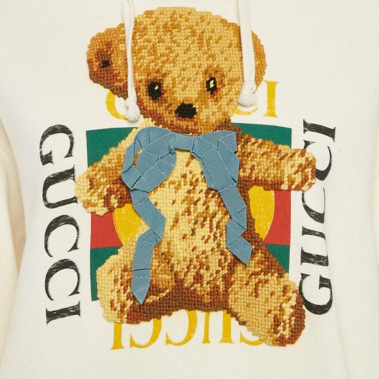 Pre Owned Gucci Cream Teddy Embroidered Cotton Knit Hoodie S