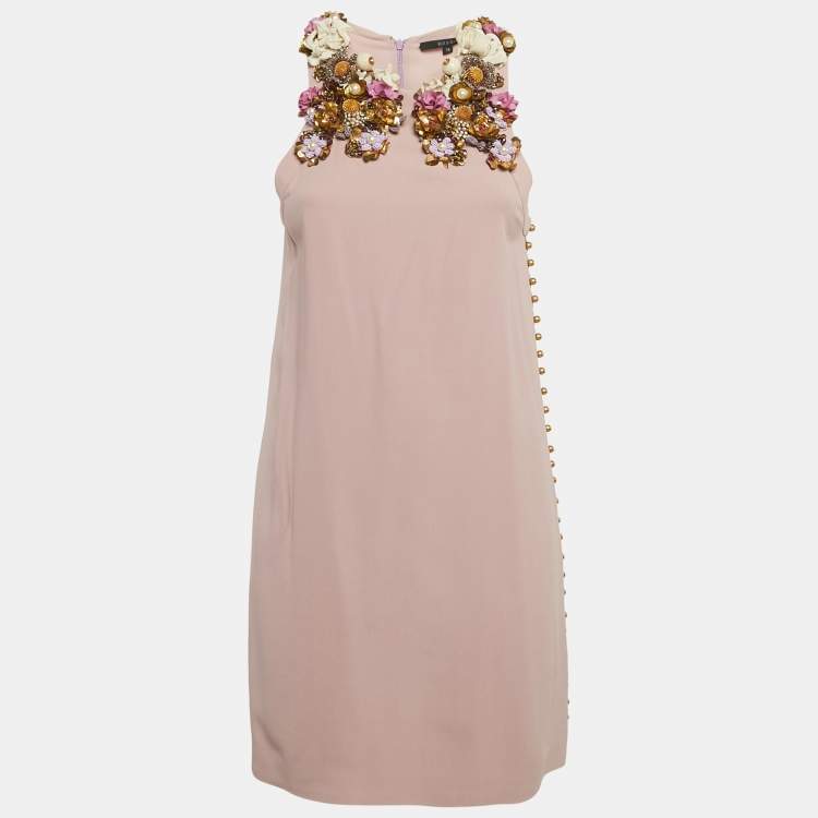 Pre Owned Gucci Mauve Embellished Neck Silk Mini Dress S