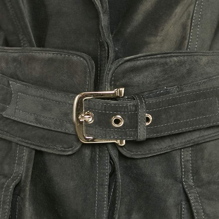 Pre Owned Gucci Charcoal Black Suede Button Front Trench Coat M