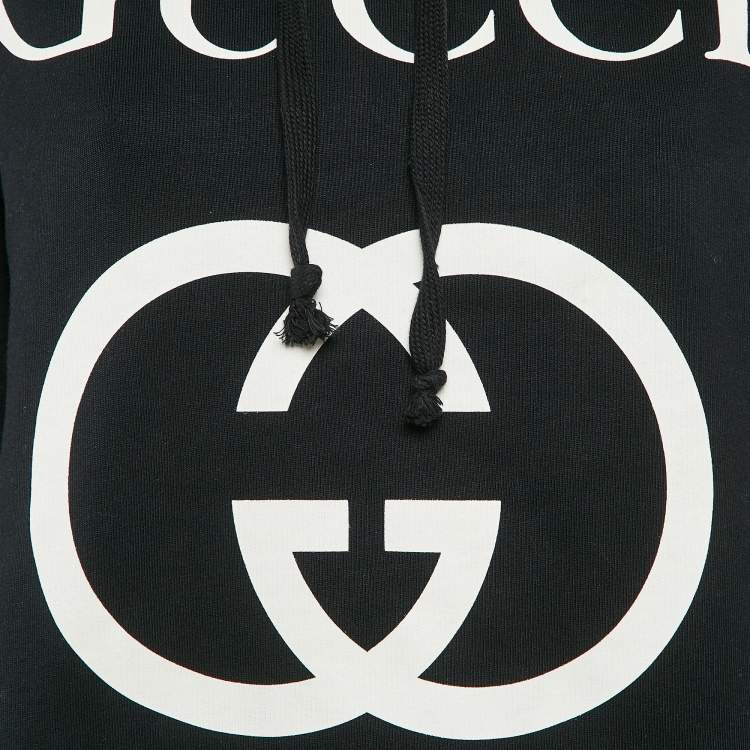 Pre Owned Gucci Black Logo Print Cotton Knit Hoodie M