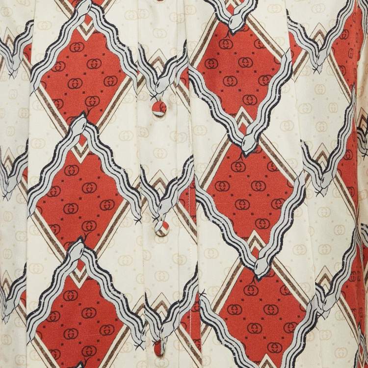 Pre Owned Gucci Brown/Cream Printed Silk Tie-Up Neck Blouse M