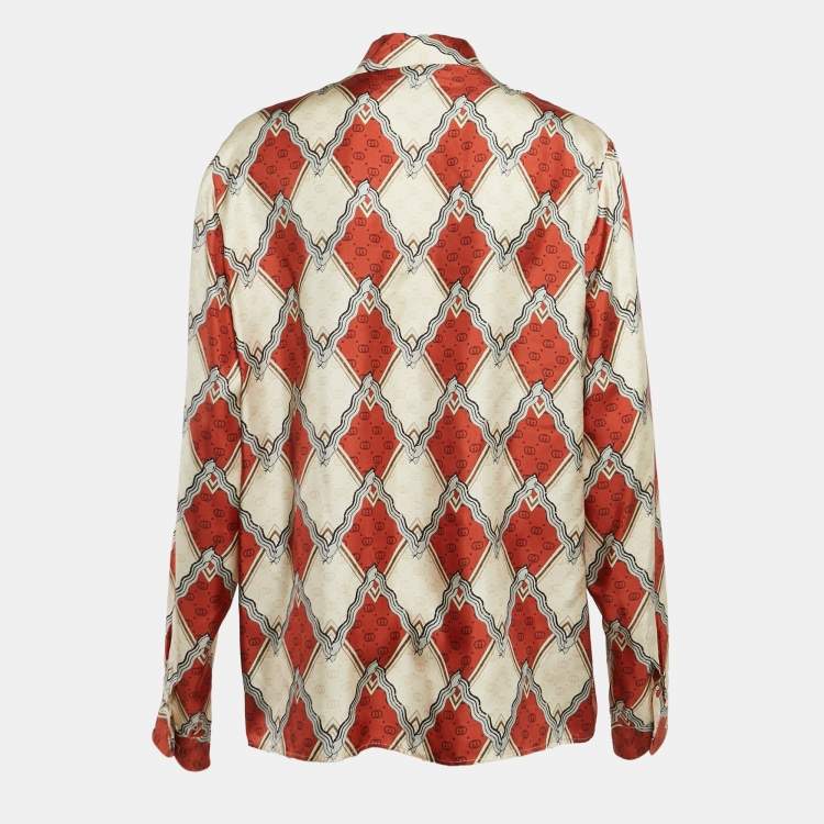 Pre Owned Gucci Brown/Cream Printed Silk Tie-Up Neck Blouse M