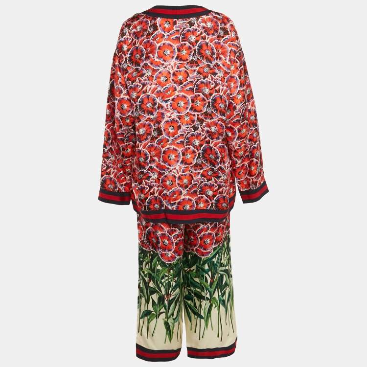 Pre Owned Gucci Red Garden Print Silk Pajama Top and Trousers Set M