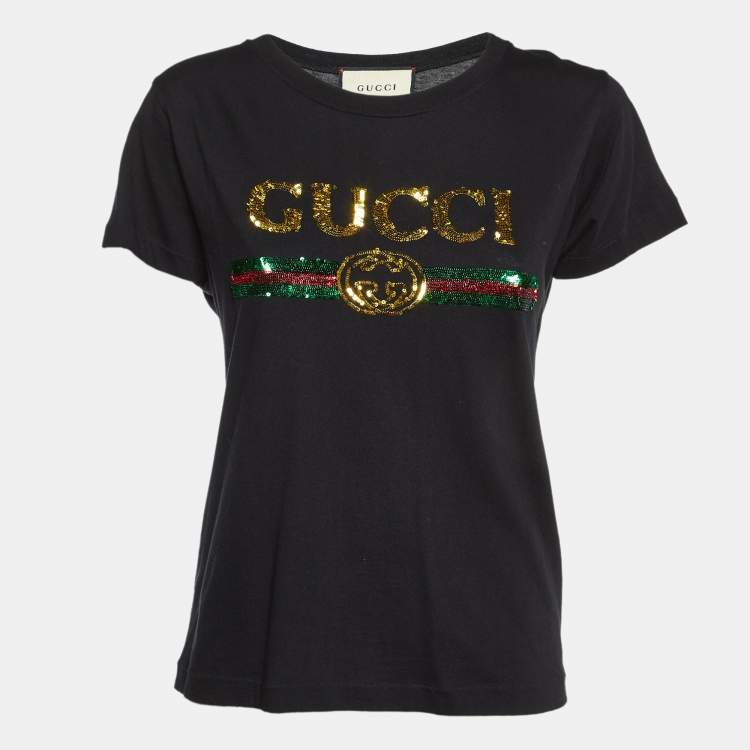 Pre Owned Gucci Black Sequin Embellished Cotton Crew Neck T-Shirt 