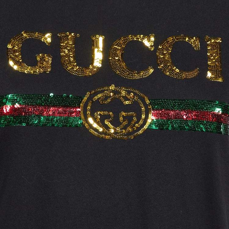 Pre Owned Gucci Black Sequin Embellished Cotton Crew Neck T-Shirt 