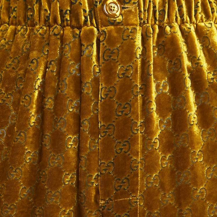 Pre Owned Gucci Yellow GG Interlocking Feather Trim Devore Trousers XS