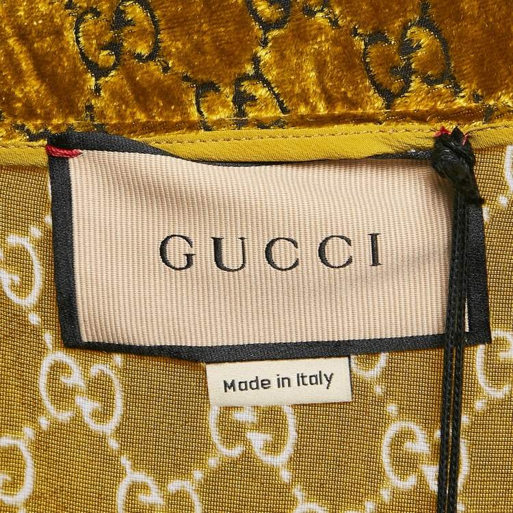 Pre Owned Gucci Yellow GG Interlocking Feather Trim Devore Trousers XS