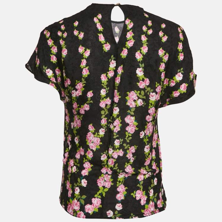 Pre Owned Gucci Black Floral Print Jacquard Crepe Top M