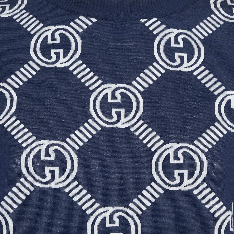 Pre Owned Gucci Navy Blue Monogram Jacquard Knit Wool Sweater M