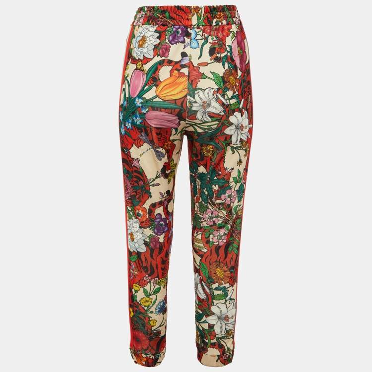 Pre Owned Gucci Multicolor Floral Print Jersey Logo Tape Trimmed Trackpants S