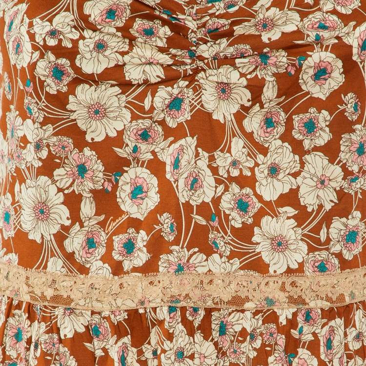 Pre Owned Gucci Brown Floral Print Silk Lace Trimmed Sleeveless Flounce Dress S