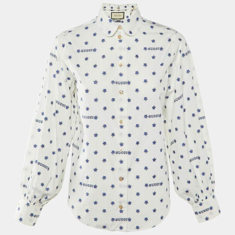 Pre Owned Gucci White Star Brocade Cotton Button Front Blouse S