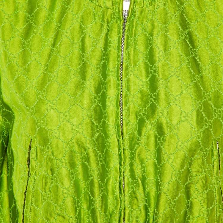 Pre Owned Gucci Green GG Supreme Embroidery Silk  Zip-Up Jacket S