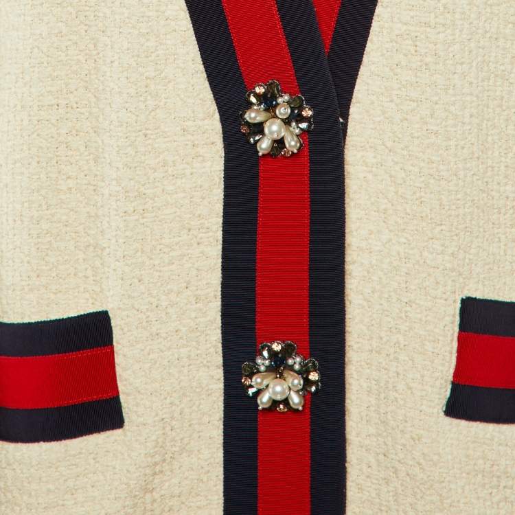 Pre Owned Gucci Off-White Tweed Web Stripe Button Detail Jacket L