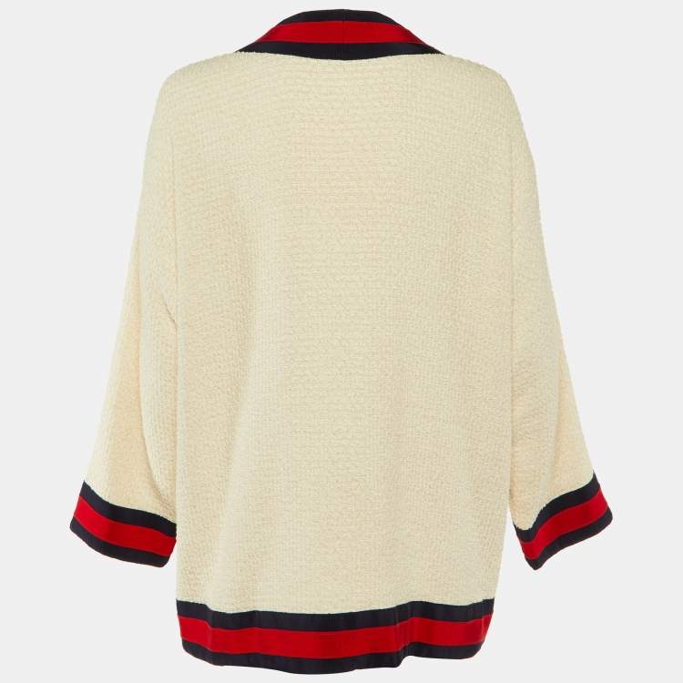 Pre Owned Gucci Off-White Tweed Web Stripe Button Detail Jacket L