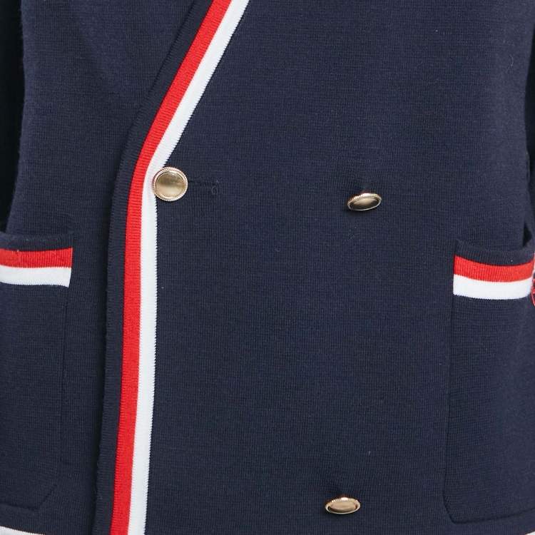 Pre Owned Gucci Navy Blue Wool Blend Knit Stripe Detail Cardigan and Pants Set M/S