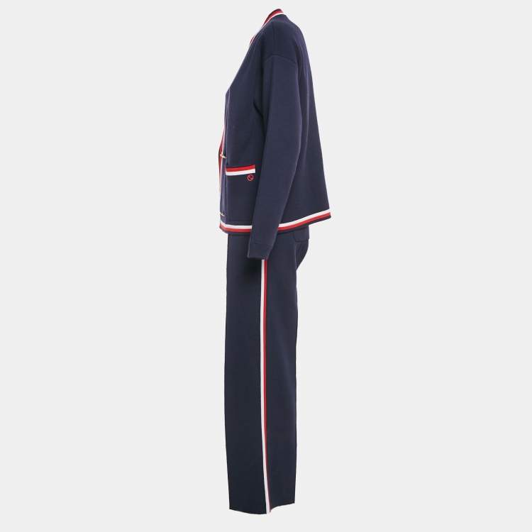 Pre Owned Gucci Navy Blue Wool Blend Knit Stripe Detail Cardigan and Pants Set M/S