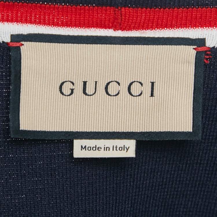 Pre Owned Gucci Navy Blue Wool Blend Knit Stripe Detail Cardigan and Pants Set M/S