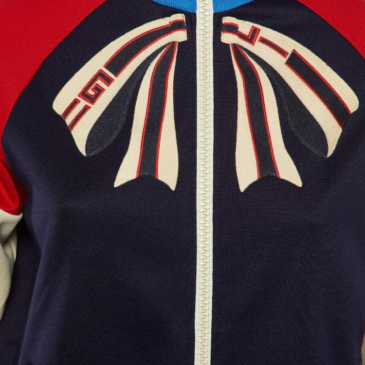 مملوكة مسبقًا Gucci Navy Blue Jersey Bow Detail Bomber Jacket S