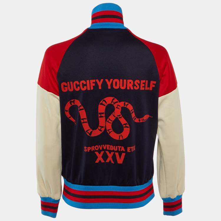 مملوكة مسبقًا Gucci Navy Blue Jersey Bow Detail Bomber Jacket S
