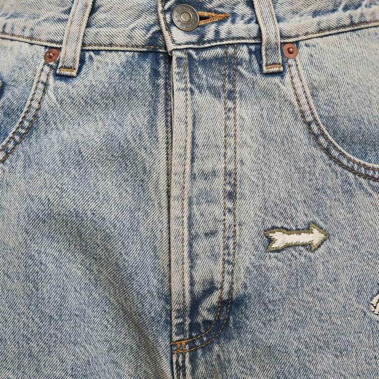 Pre Owned Gucci Blue Embroidered Denim Straight Leg Jeans S Waist 27"