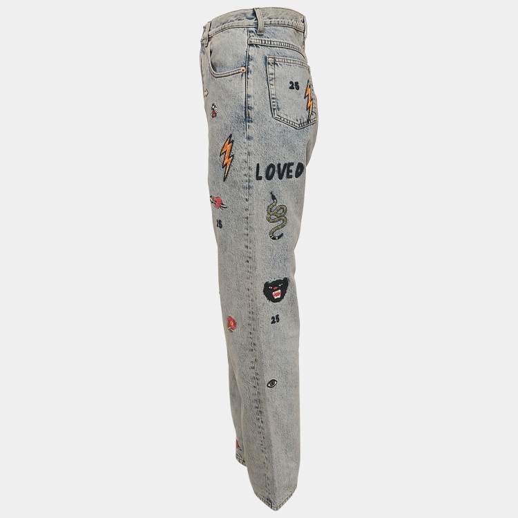 Pre Owned Gucci Blue Embroidered Denim Straight Leg Jeans S Waist 27"