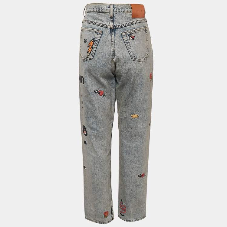 Pre Owned Gucci Blue Embroidered Denim Straight Leg Jeans S Waist 27"