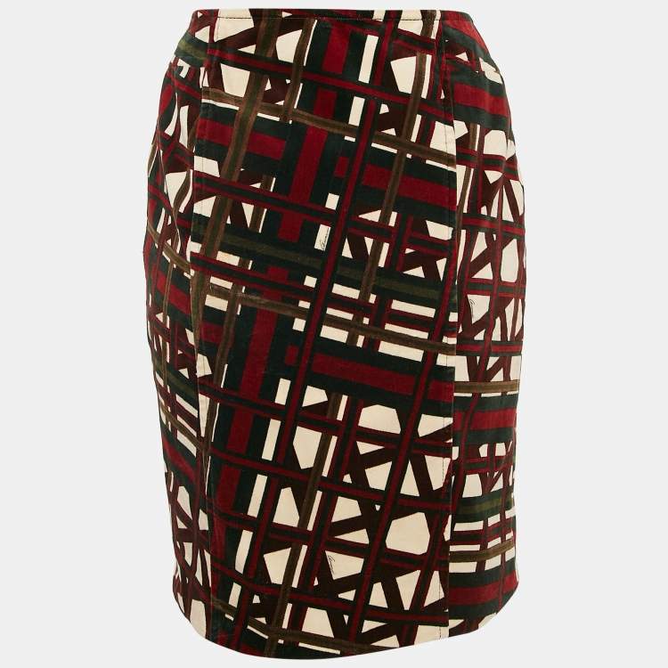 Pre Owned Gucci Green/Red Printed Velvet Pencil Skirt M