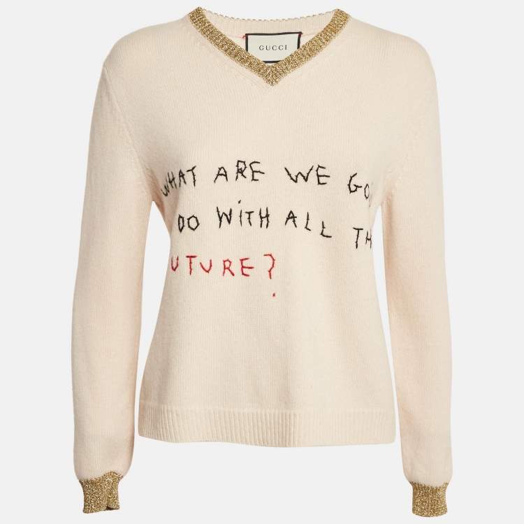 Pre Owned Gucci Beige Embroidered Lurex Trim Wool Knit V-Neck Sweater S