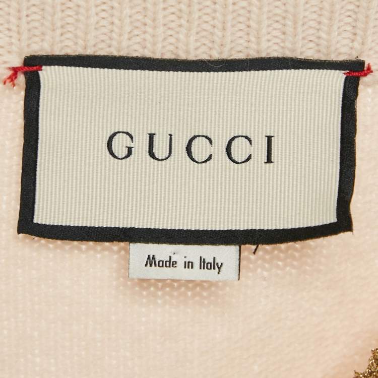 Pre Owned Gucci Beige Embroidered Lurex Trim Wool Knit V-Neck Sweater S