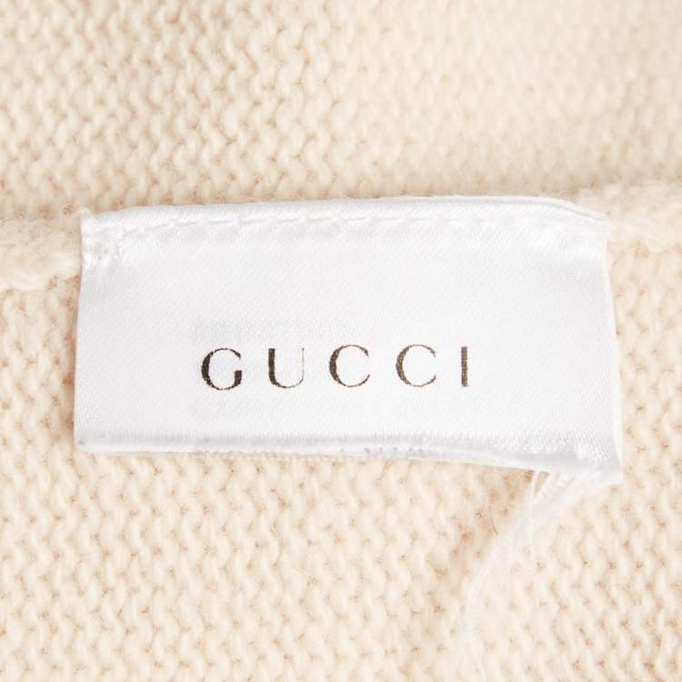 Pre Owned Gucci Beige Embroidered Lurex Trim Wool Knit V-Neck Sweater S