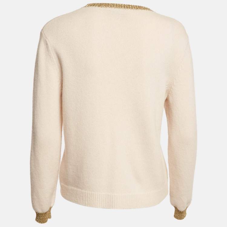 Pre Owned Gucci Beige Embroidered Lurex Trim Wool Knit V-Neck Sweater S