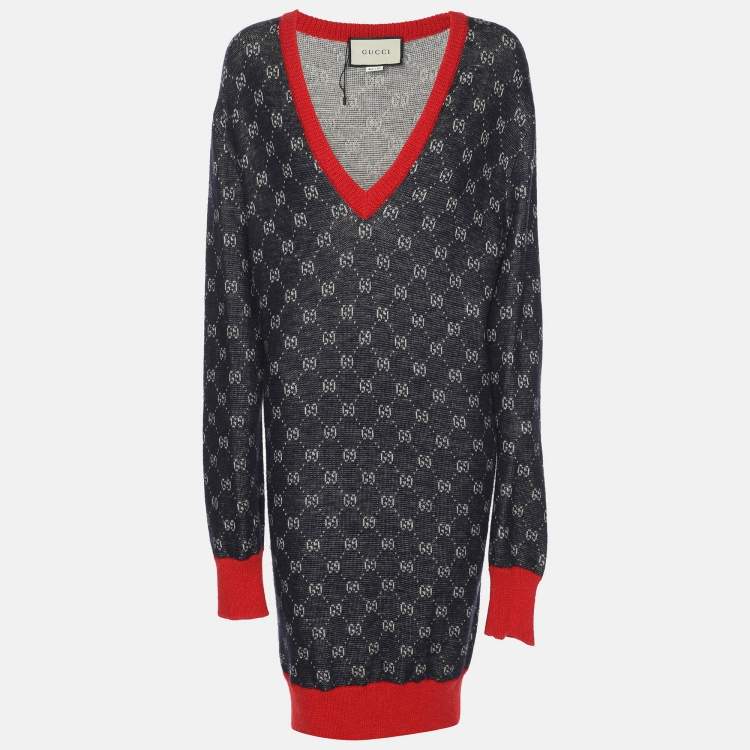 Pre Owned Gucci Bicolor Logo Patterned Knit Contrast Trim Sweater Dress S
