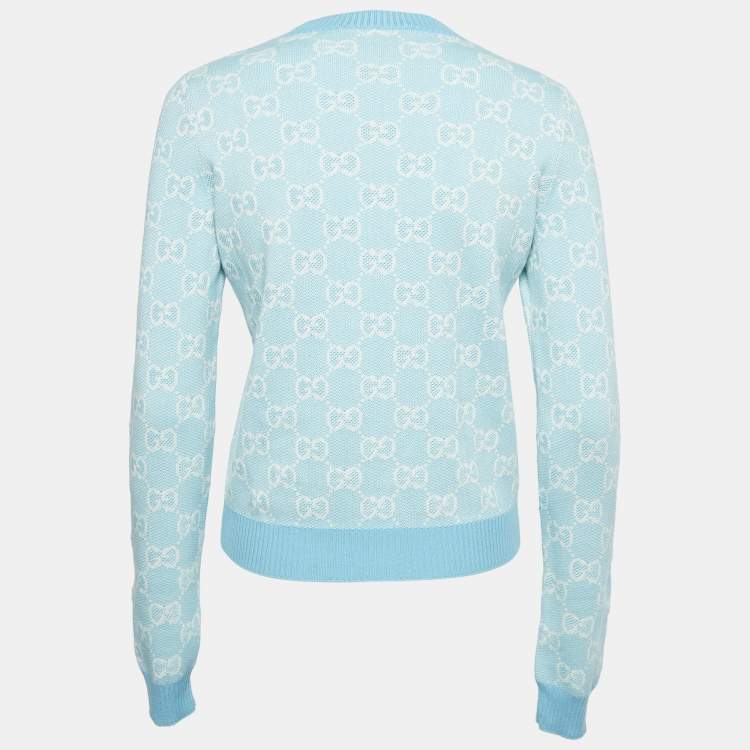 Pre Owned Gucci Blue GG Monogram Jacquard Knit Long Sleeve Sweater S