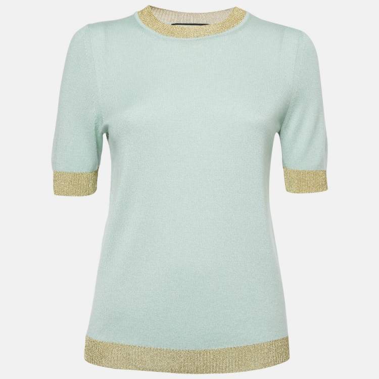 Pre Owned Gucci Green Lurex Trim and Cashmere Knit Crewneck Top M
