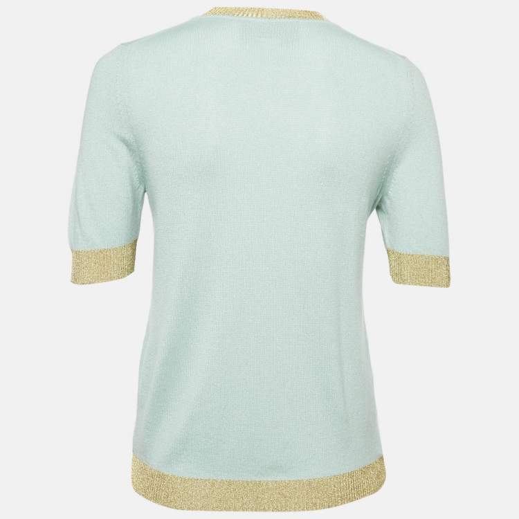 Pre Owned Gucci Green Lurex Trim and Cashmere Knit Crewneck Top M