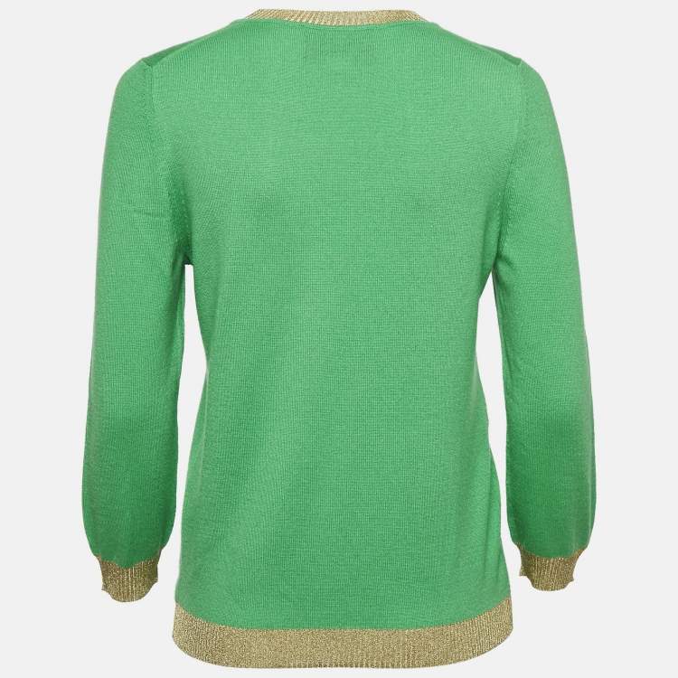 Pre Owned Gucci Green Lurex Trim Cashmere Knit Long Sleeve Top L