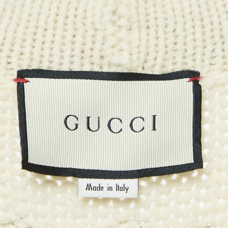 Pre Owned Gucci Cream Cable Knit Web Trim Applique Detail Cardigan M