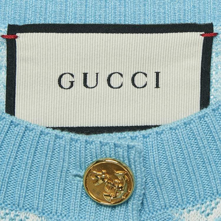 Pre Owned Gucci Blue Monogram Jacquard Cotton and Wool Knit Button Front Cardigan XS