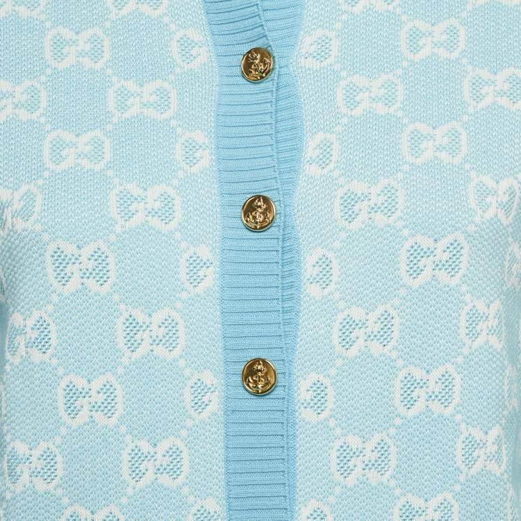 Pre Owned Gucci Blue Monogram Jacquard Cotton and Wool Knit Button Front Cardigan XS