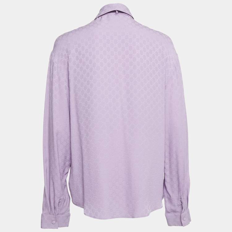 Pre Owned Gucci Purple Monogram Jacquard Silk Neck Tie-Up Shirt L