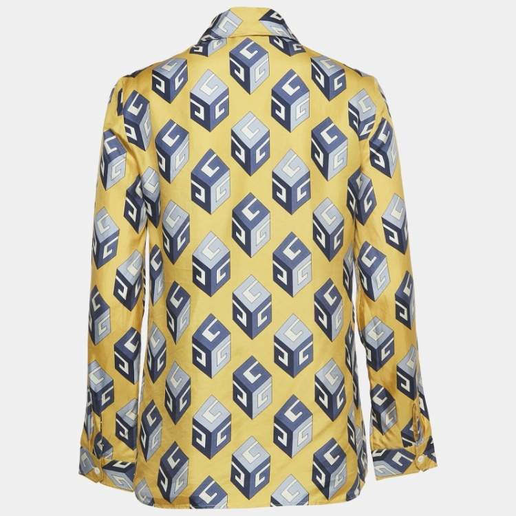 Pre Owned Gucci Yellow Cube Print Silk Long Sleeve Shirt M