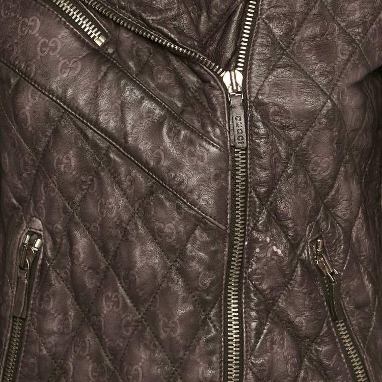 Pre Owned Gucci Brown GG Embossed Leather Quilted Jacket M