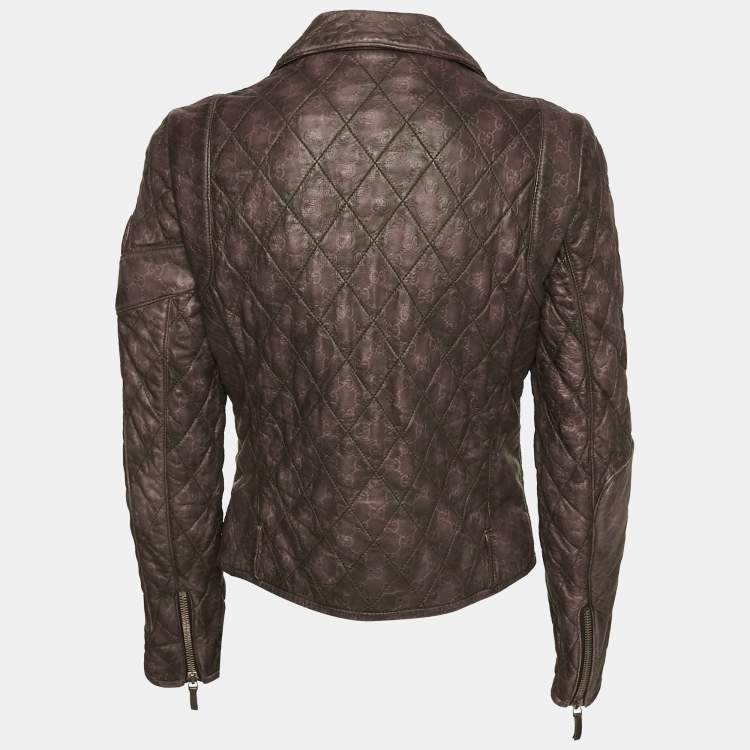 Pre Owned Gucci Brown GG Embossed Leather Quilted Jacket M
