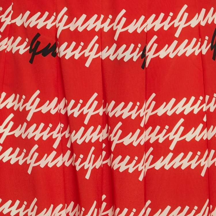Pre Owned Gucci Red Letters Print Silk Pleated Midi Skirt S