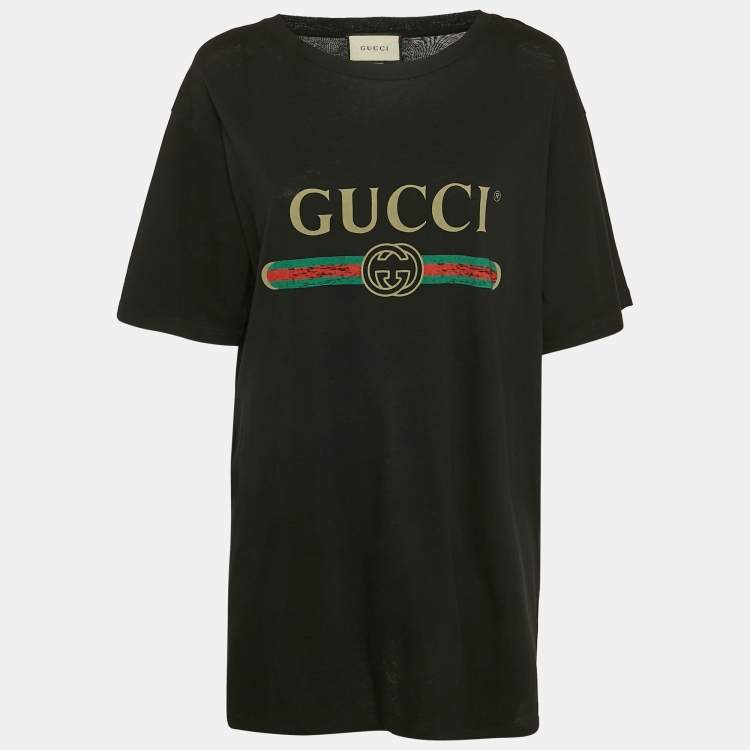 Pre Owned Gucci Black Vintage Print Jersey Distressed T-Shirt L