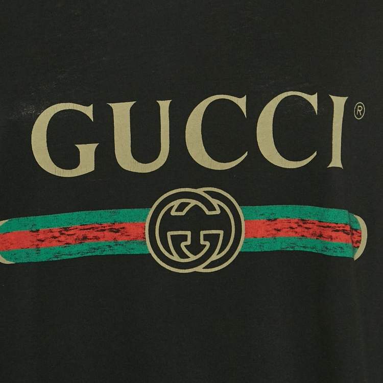 Pre Owned Gucci Black Vintage Print Jersey Distressed T-Shirt L