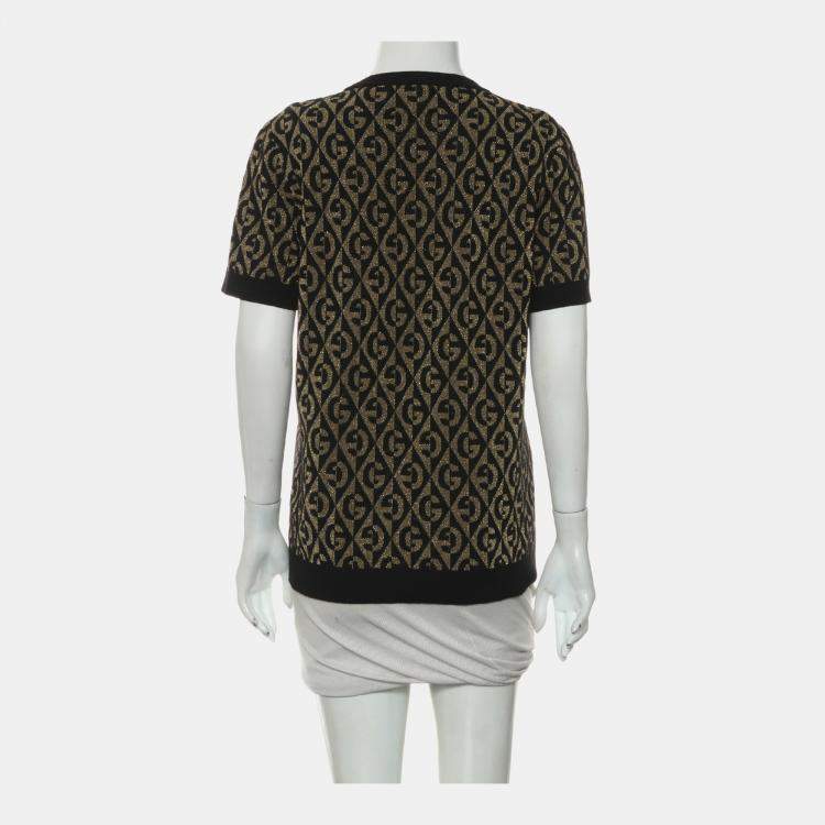 Pre Owned Gucci Black Knit Fabric GG Pattern Short-Sleeve Top L