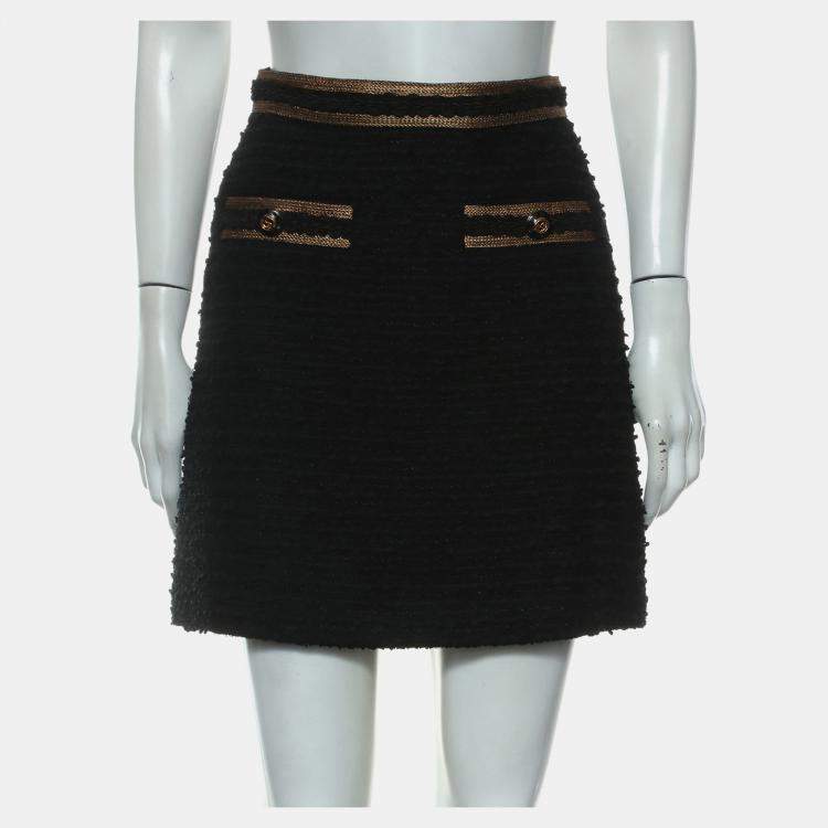 Pre Owned Gucci Black & Gold Wool Tweed GG Logo Button Mini Skirt IT Women 36