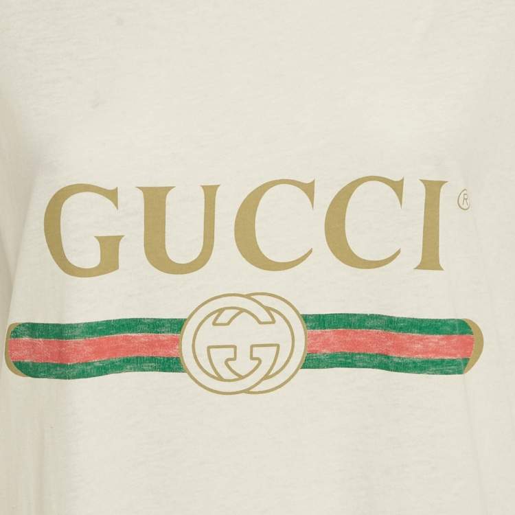 Pre Owned Gucci White Distressed Logo Print Cotton Oversized T-Shirt L